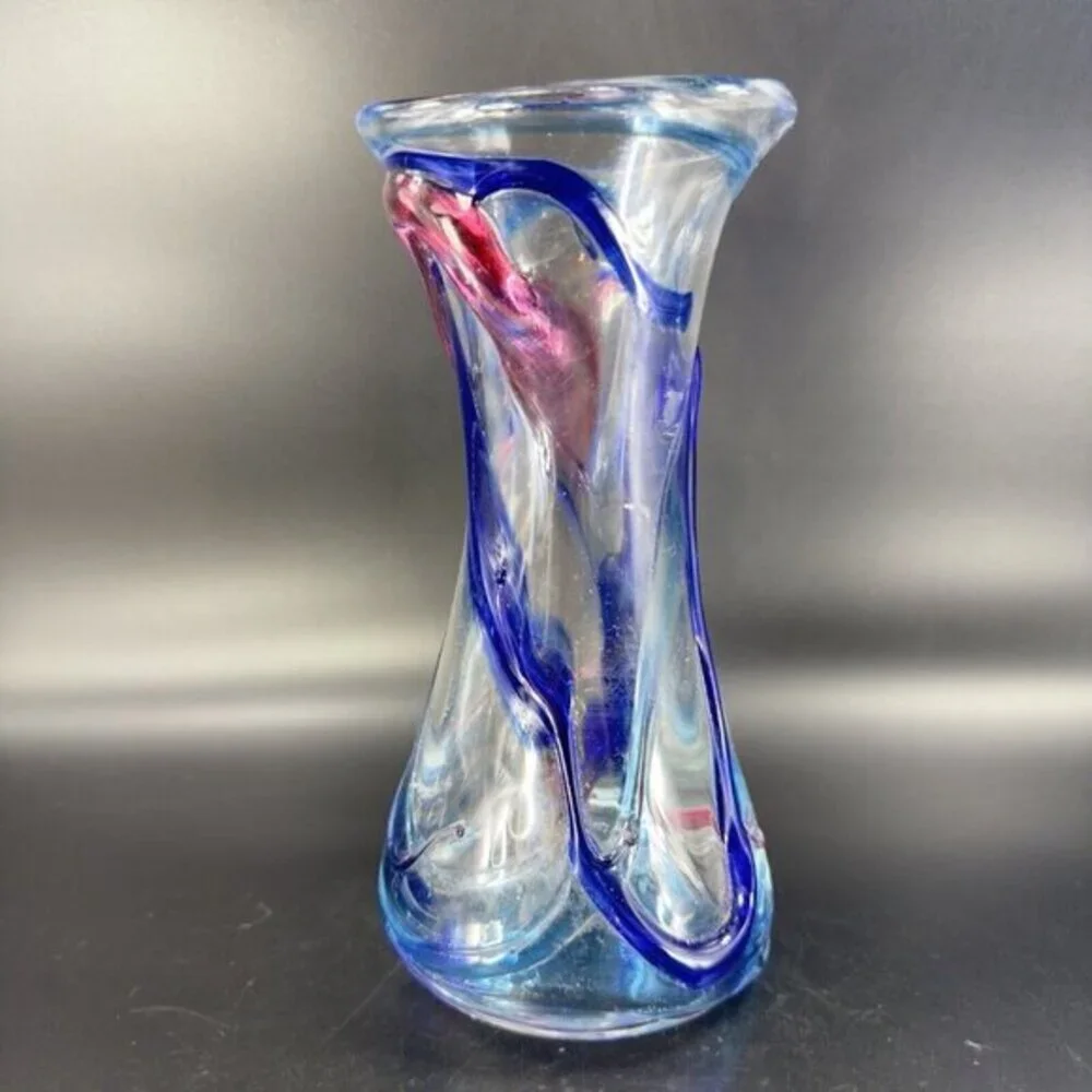 1997 Hand Blown Studio Art Glass Vase‎ Artist Signed JENN Multicolor Threads VTG